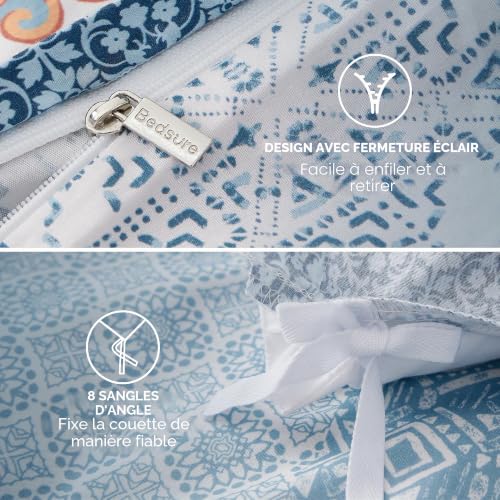 Parure de lit 220x240 coton imprimé bohème bleu Bedsure - 6