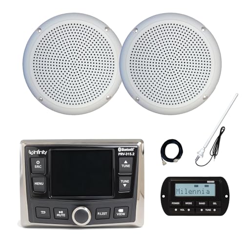 Infinity PRV-315.2 Marine Gauge Hole Mount USB Bluetooth AM/FM/WB Radio Receiver, Wired Remote, Extension Cable, 2x 5.25