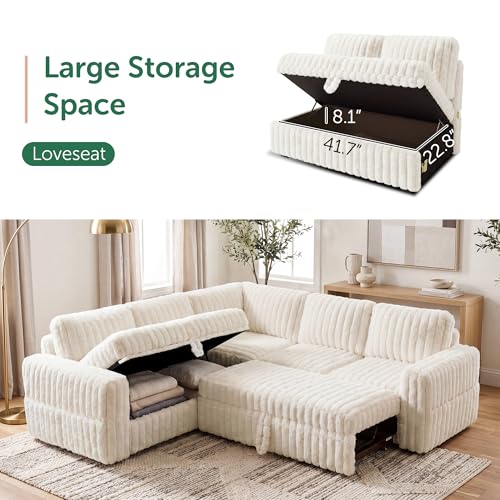 Image of HONBAY Plush Corduroy Modular Sectional Sofa with Pull Out Bed, Convertible L Shaped Couch with Storage,Sleeper Sectional Couches for Living Room,Plush Beige