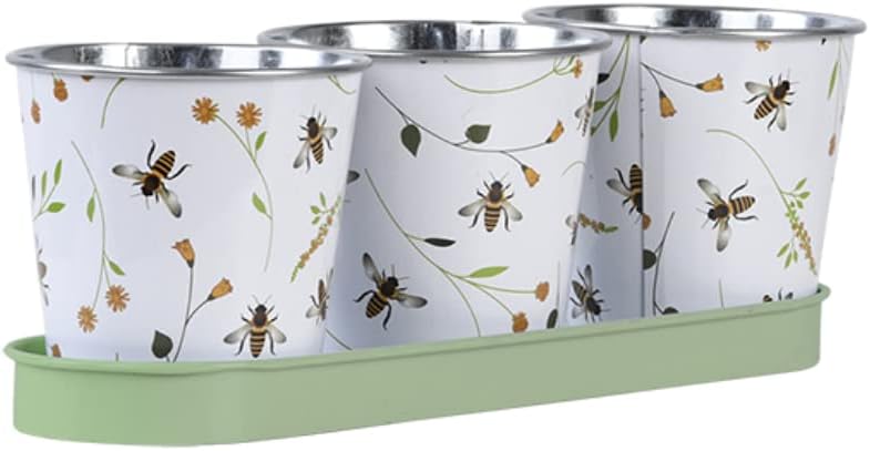 Bee Print Herb Pots with Tray | for Windowsill or Balcony | Indoor or Outdoor Use