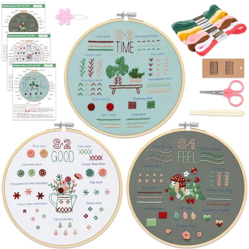 Image of KintKita Embroidery Kit for Adults Beginners, 3 Stages to Learn 31 Basic Embroidery Stitches Practice Cross Stitch Kits for Beginners with Embroidery Patterns, Hoop,Threads,Tools