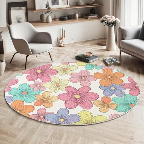 Tapis de salon lavable rond fleurs rose doux pour chambre 60cm