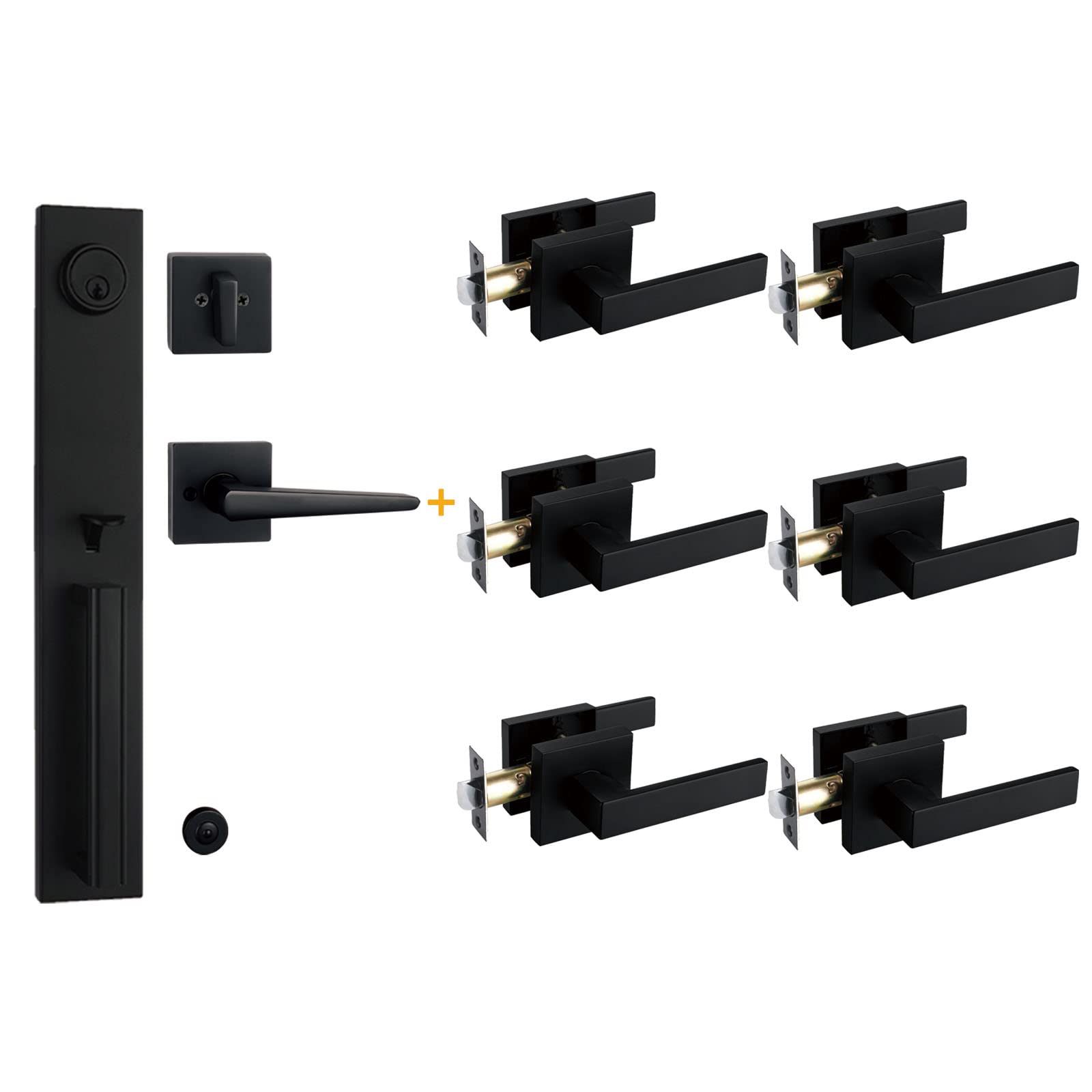 NEWBANG （Keyed Handleset for Front Door + (6 Pack) Passage Door Lever in Matte Black Finish