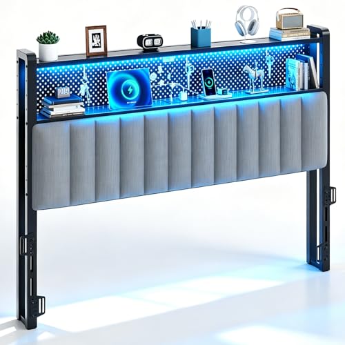 Image of VINGLI King Size Headboard Only, Adjustable Upholstered Headboard with 2 Tier Shelves and Pegboard with Charging Stations and LED Lights, Modern Bed Headboard with Storage for Bedroom Decor