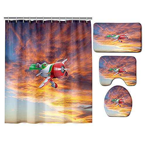 ZDDWLDL 4-Teilig Duschvorhang Set Mit Rutschfesten Teppichen Toilettendeckel Und Badematte Wasserdicht Farbfest Schimmel…