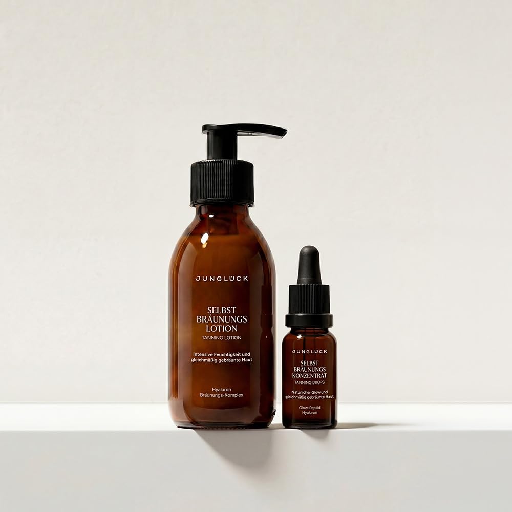 JUNGLÜCK Care & Tan Kombi – Selbstbräunungslotion 130ml + Selbstbräunungskonzentrat 15ml – mit DHA, Erythrulose, Hyaluronsäure & Squalan – natürliche Bräune ohne UV von Kopf bis Fuß