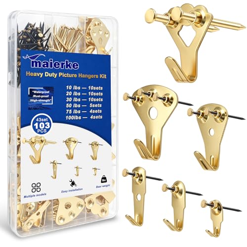 Image of 103PCS Picture Hanger Kit (10-100lbs) with Screws,Picture Frame Hooks Heavy Duty Picture Framing Supplies Kit for Picture Hanging -6 Models