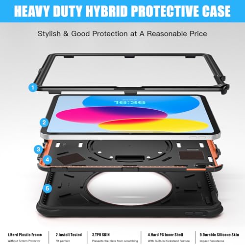 Image of Case Cover for Apple iPad (A16) 11th /10th Gen 2025 /2022, Rugged 3 Layer Case for Apple iPad 11th /10th Gen 2025 /2022 with Rotating Kickstand and Shoulder Strap, Black