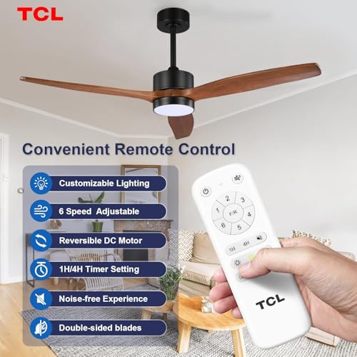 Image of TCL Ceiling Fans with Light and Remote: 60 inch 3 Wooden Blades 3 Dimmable LED Fan for Room Indoor Modern Farmhouse Decor - 6 Speed Memory DC Reversible Fan Lights (Walnut, 60 Inch)