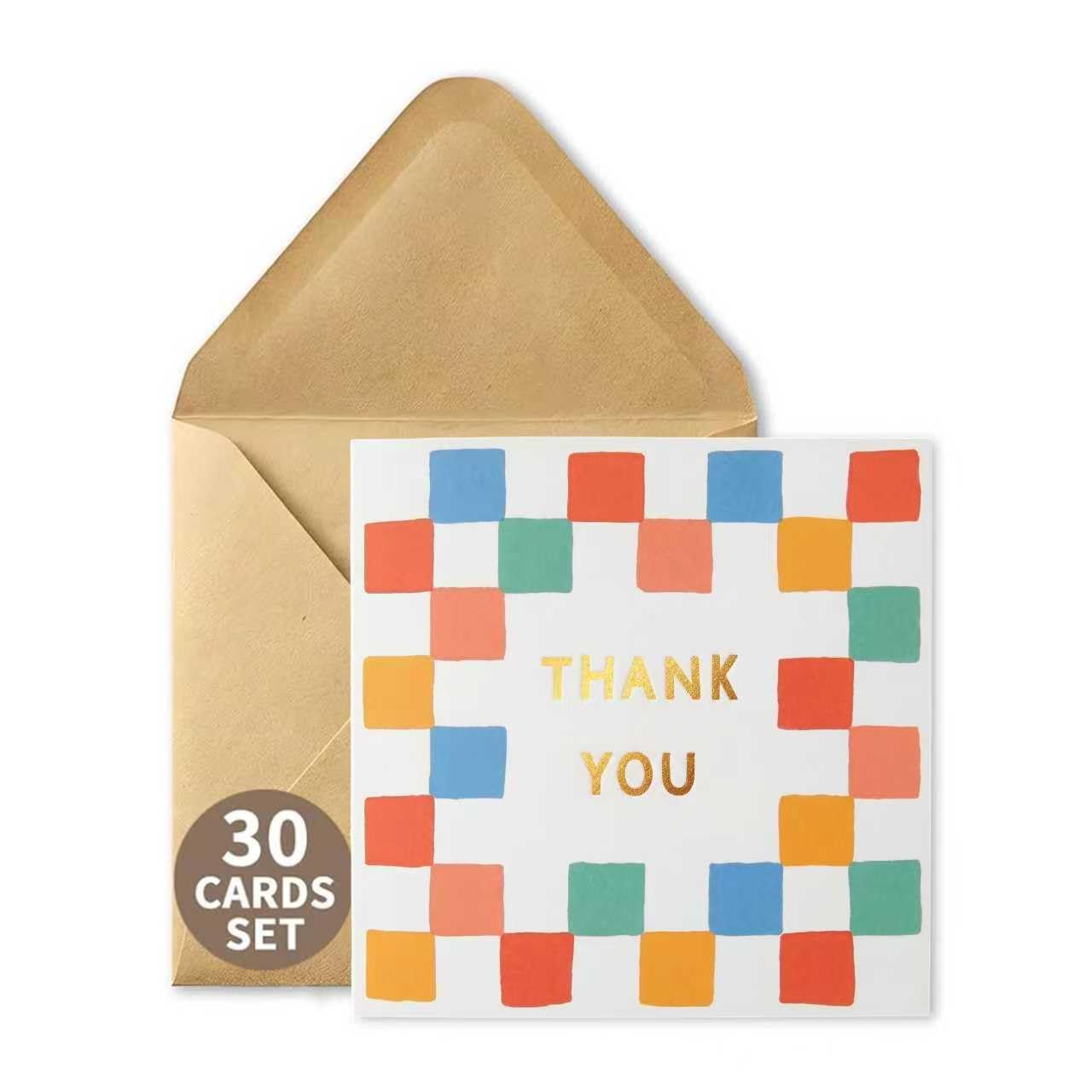 30 Pack 350GSM | 12.5x12.5 cm Thank You Cards with Envelopes & Stickers | Polka Dot Greeting Card Set for Kids, Teachers, Weddings, Christmas & Small Business Gifts (Rainbow Squares, 30 cards)