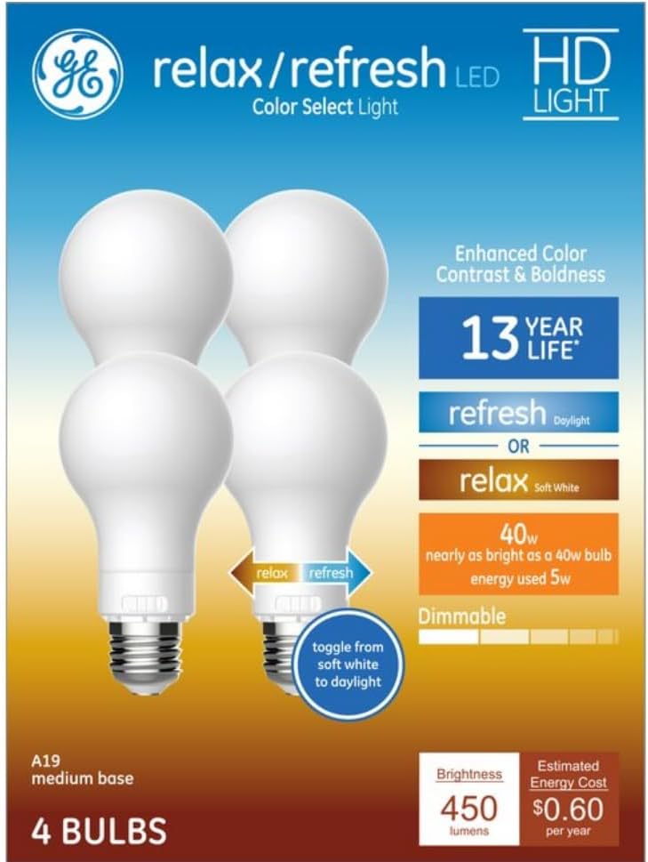 GE Lighting (4 Bulbs) GE Relax/Refresh LED A19 Color Select Light Bulb, Choose Either Soft White Relax or Cool White Refresh, Toggle Switch on Bulb, HD Light, 450 lumens, dimmable, Medium Base