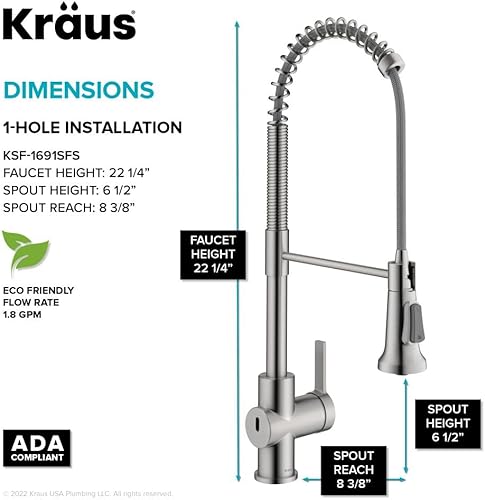 Miniatura 5 de KRAUS Britt KSF-1691SFS - Grifo de cocina con sensor sin contacto comercial de una sola manija en acero inoxidable sin manchas, KSF-1691SFS