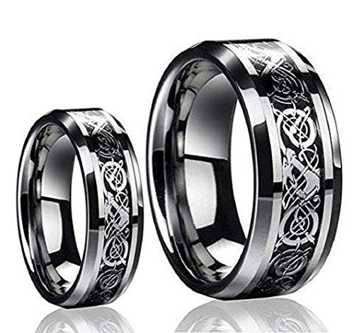 Wedding Rings for Him and Her - 8MM/6MM Tungsten Carbide Celtic Knot Dragon Design Carbon Fiber Inlay - Couple Rings Set - Wedding Bands for Couples - Wedding Band Sets for Couples