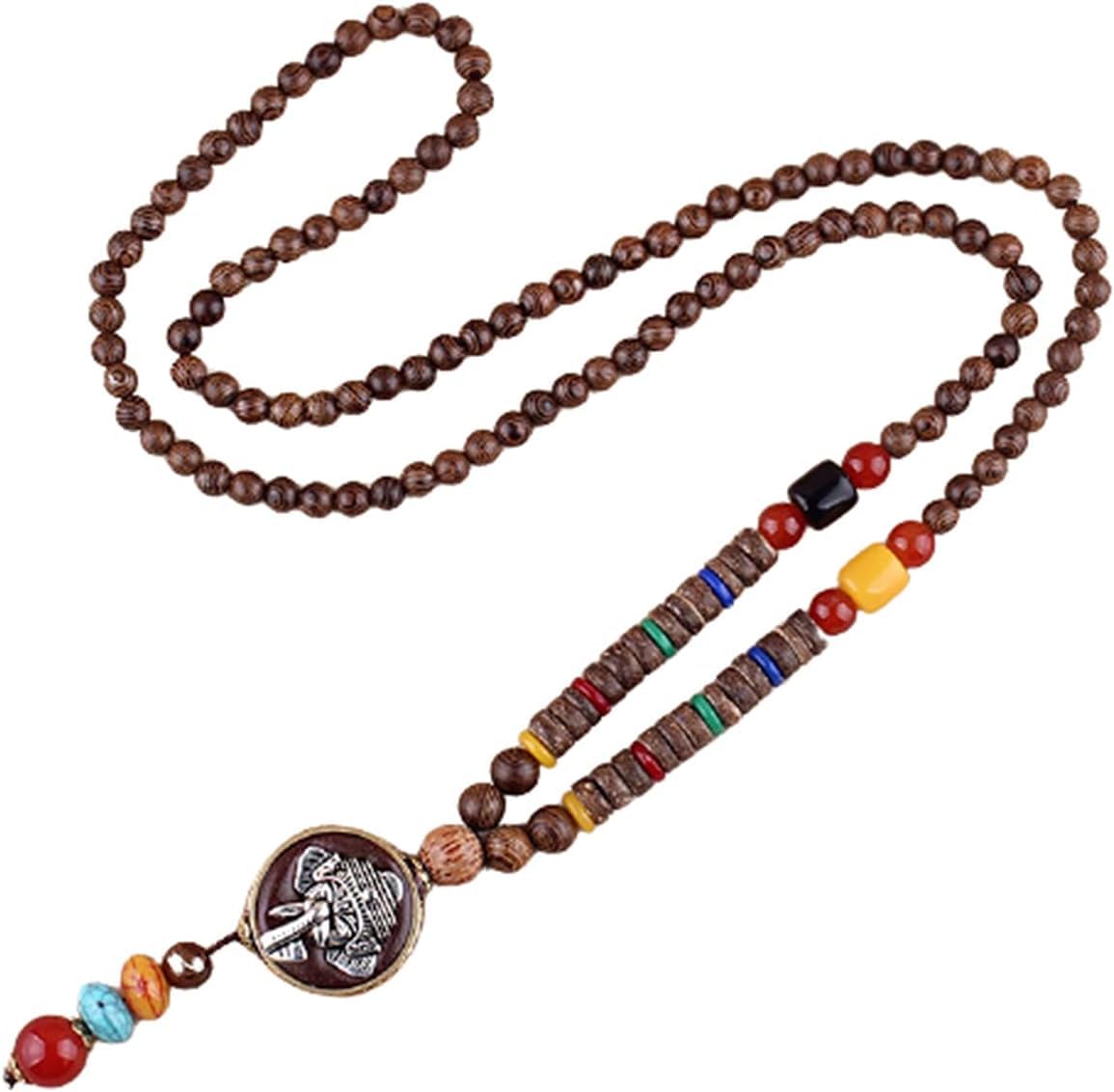 quxupBoho Wooden Beaded Necklaces Vintage Handmade Nepal Mala Wood Beads Meditation Prayer Necklace Ethnic elephant Horn Long Statement Necklace for Women Girl Jewelry Nepal Elephants