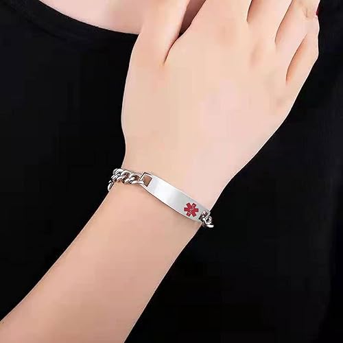 Miniatura 5 de Pulsera de alerta médica roja para mujeres y hombres, pulsera de emergencia de primeros auxilios de salud grabada ajustable de acero inoxidable