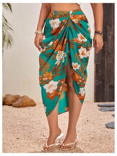 Floerns Women's Plus Size Tropical Ruched Slit Skirt High Waist Beach Midi Skirts2