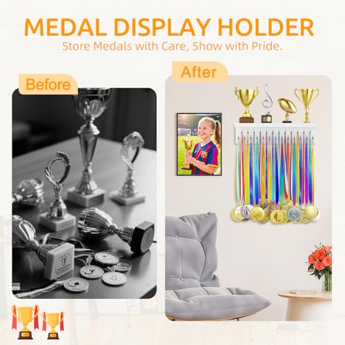Image of Medal Hanger Display and Trophy Shelf Organizer, Wooden Wall Mount Ribbon Holder with 25 Steel Hooks, Race Awards Storage Rack Stand for Sports Enthusiasts