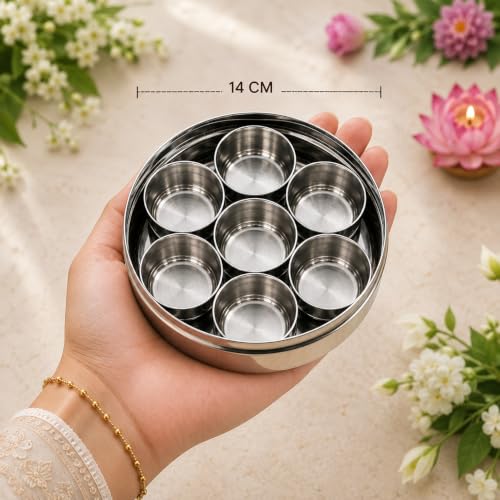 Image of Stainless Steel Round Pooja Box with 7 Containers