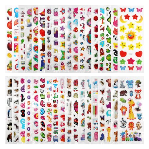 NIUQIGE 3D Aufkleber Set für Kinder - 930+ Geschwollen Stickers mit Buchstaben, Tieren, Früchten, Zahlen, Schmetterlingen, Einhörnern, Dinosauriern und mehr - Ideal für Kleinkinder (36 Blätter)