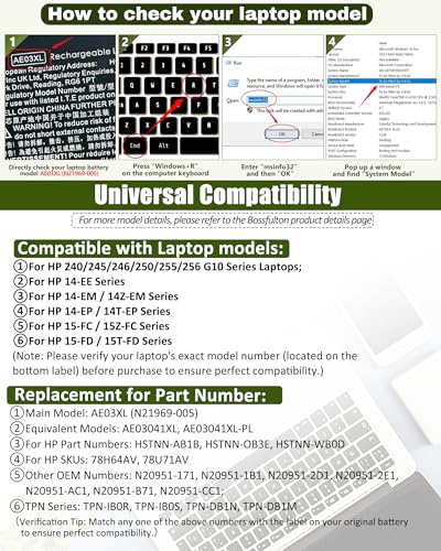 Image of 41.04Wh AE03XL Battery for HP 240 245 246 250 G10 255 Series Laptops - Compatible with N21969-005 N20951-171 N20951-CC1 - 11.25V 3467mAh 3-Cell Replacement Battery