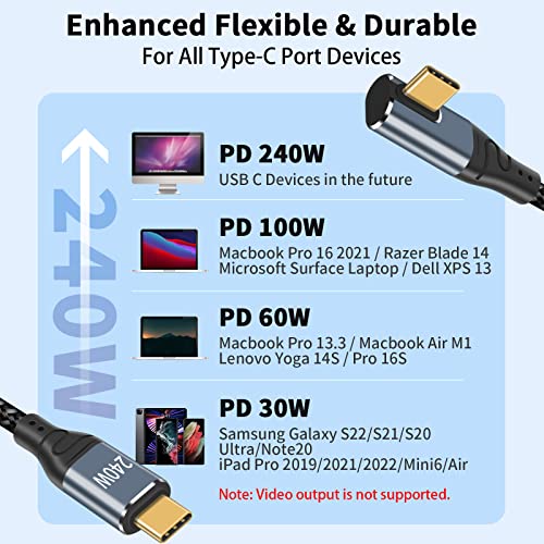 Image of Duttek Right Angle Long USBC to USBC Cable 6FT /2M, USB C Charge Cable Support 240W Fast Charging Cable, 90 Degree Angle USB Type c Male to Male Nylon Braided Cable for Laptops, Phones