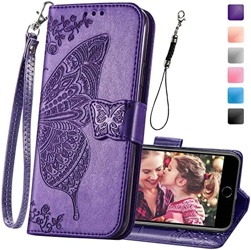 Wallet Case for iPhone SE 2020/SE 2022/iPhone 8/iPhone 7,Women Butterfly Embossed PU Leather Stand Credit Card Holder Slots Wrist Strap Flip Folio Cover for iPhone 6/6S/7/8/SE 2nd/SE 3rd Gen (Purple)