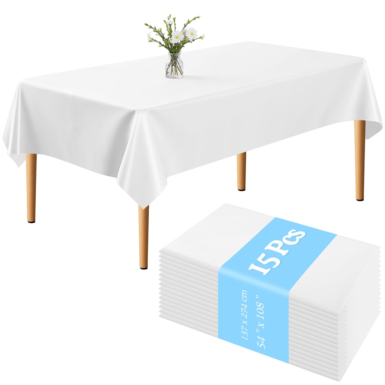 ausurme 15Pcs White Tablecloths, Plastic Table Cover,Disposable Tablecloths,Rectangle White Table Cloth for Christmas, Picnic, Wedding, Birthday Party (137 x 274cm/54 x 108inch)