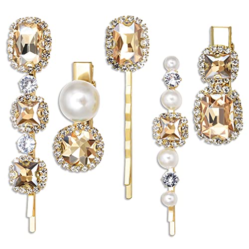 Vintage Hair Clips, Rhinestones Decorative Hair Pins, Handmade Champagne Crystal Pearl Hair Barrettes, Elegant Gold Metal Hairpin Hair Accessories Headwear Styling Tools, Gifts for Women Girls