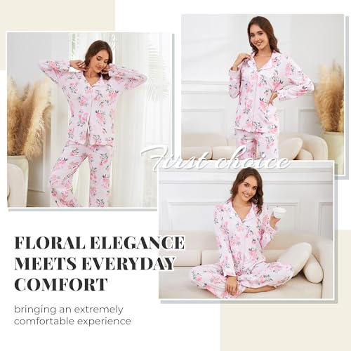 Image of LYCY Womens Pajama Sets Floral Print, Long Sleeve Button Down Pajamas Set for Women Soft Sleepwear Pjs 2 piece Loungewear