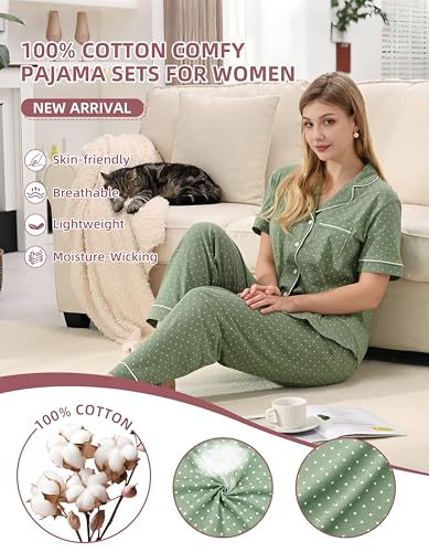 Image of NAP BOUND 100% Cotton Women's Pajama Sets Short Sleeve Button Down Soft Pjs 2 Piece Lounge Set with Pocket Nightwear XS-XXL