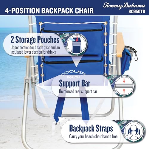 Image of Tommy Bahama Hi-Boy 17 inch Seat Height 4-Position Lace-Up Suspension Folding Beach Backpack Chair