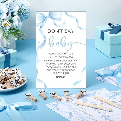 Image of Patelai 321 Pcs Blue Bow Baby Shower Games Supply for Boy 5 Set Include 250 Activity Cards 20 Pencils 1 Don't Say Baby Sign 50 Clothespins for Price is Right Prediction Bingo Game Party Decor