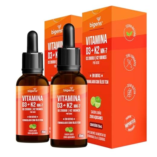 Vitamina D3 + K2 MK-7, em Gotas, D3 2000UI | K2 100mcg, sabor limão, Biogens, Kit 2x 20ml