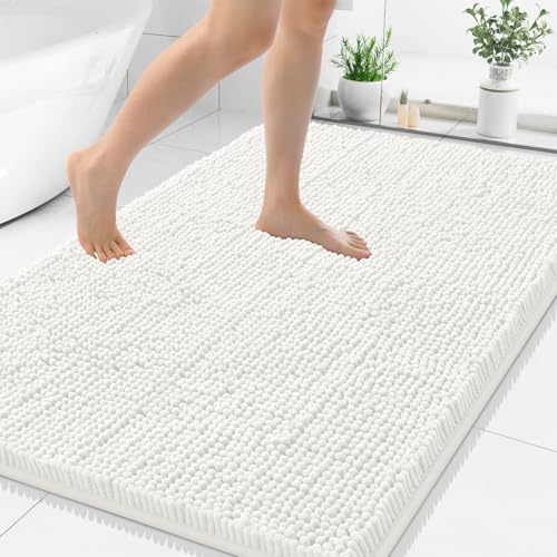 Smiry Luxury Chenille Bathroom Rugs 50x30, Extra Soft and Absorbent Shaggy Bath Mat, Machine Washable, Non-Slip Plush Carpet Runner for Tub, Shower, and Floor, Home Decor Accessories, Ivory