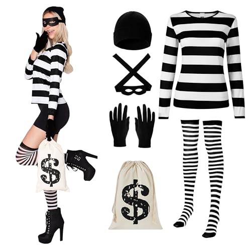 Spooktacular Creations Mujeres adultas Juego de vestuario de ladrones con sombrero Bolsa de calcetines para máscara para la bolsa de calcetines de Halloween
