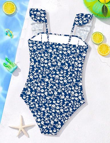 Image of NECIOUS Girls Swimsuit Ruffle Adjustable Straps One Piece Bathing Suit Solid Color Ruched Girls' Swimwear 9-16Y