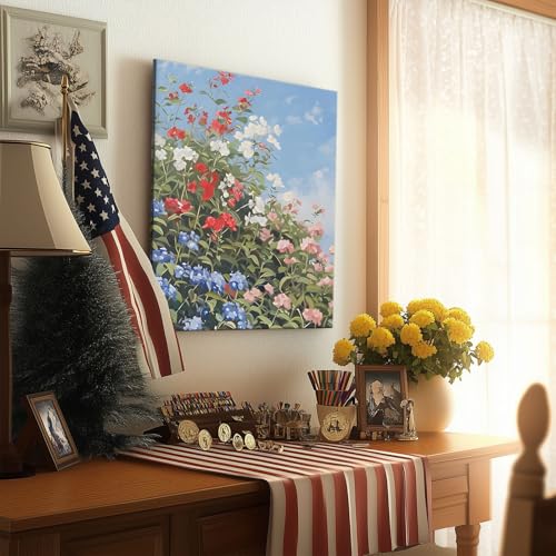 Image of Memorial Day Canvas Wall Art, Red White Blue Flower Pictures Print, Summer Wildflower Bloom Under Blue Sky Poster, Patriotic Memorial Day Floral Framed Art for Farmhouse or Porch Decor 20x24inch