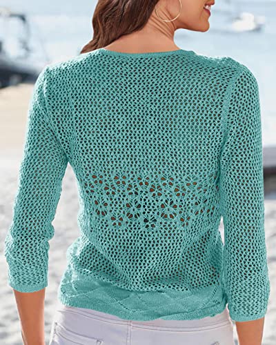 Image of Nulibenna Womens Sheer Shrug Sweaters 3 /4 Sleeve Open Front Tie Cardigan Bolero Jacket Lightweight Crochet Knit Cover Up Tops