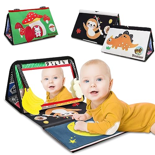 Image of Baby Mirror Tummy Time Toys, Infant Safe Baby Play Mat with Teether for Newborn 0-3-6-12 Months old Boys,Girls, Brain Development Montessori for Crib, Floor, Car, Sensory Crinkle Soft Books Attachment