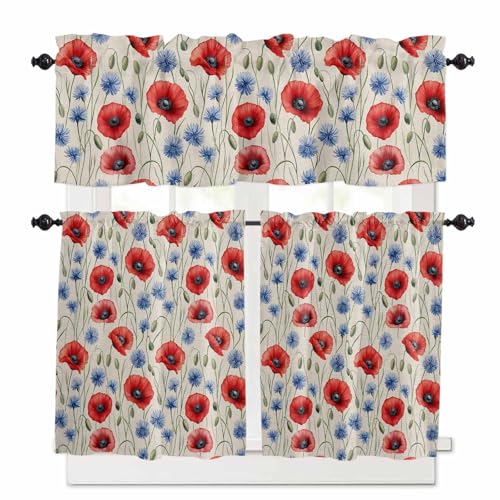 Red Poppy Flower Kitchen Curtains 24 Inch Length,3 Piece Rod Pocket Small Half Tiers and Valance Set,Blue Daisy Floral Patriotic 4th of July Small Large Window Treatment Decor for Bedroom/Bathroom