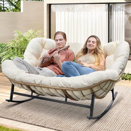 RADIATA Double Egg Rocking Chair for 2, Oversized Rattan Recliner Loveseat with Padded Cushion, 700 Lbs Heavy Duty Comfy Large Papasan Rocker for Reading Outdoor Patio Balcony Backyard Indoor, Beige