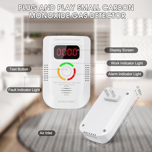 2 Pack Carbon Monoxide Detector, Plug-in Wall Carbon Monoxide Gas Detector, Portable Carbon Monoxide Detector with Digital Display LED, CO Alarm Monitor with Audible and Visual Alarm Test Mute Button