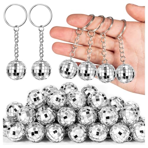 JMZYJZH 28 Pcs Disco Ball Keychain Mini Silver Disco Balls Key Chains Bulk for Party Favors Decorations