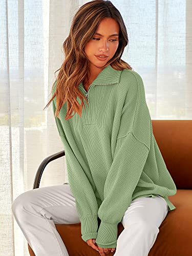 Image of ANRABESS Womens Oversized Quarter Zip Pullover Sweaters | Fall Fashion Outfits, Long Sleeve Slit Side, Baggy Loose Fit, 1 /4 Zip Lapel Collared, Ribbed Knit Soft Warm Winter Clothing