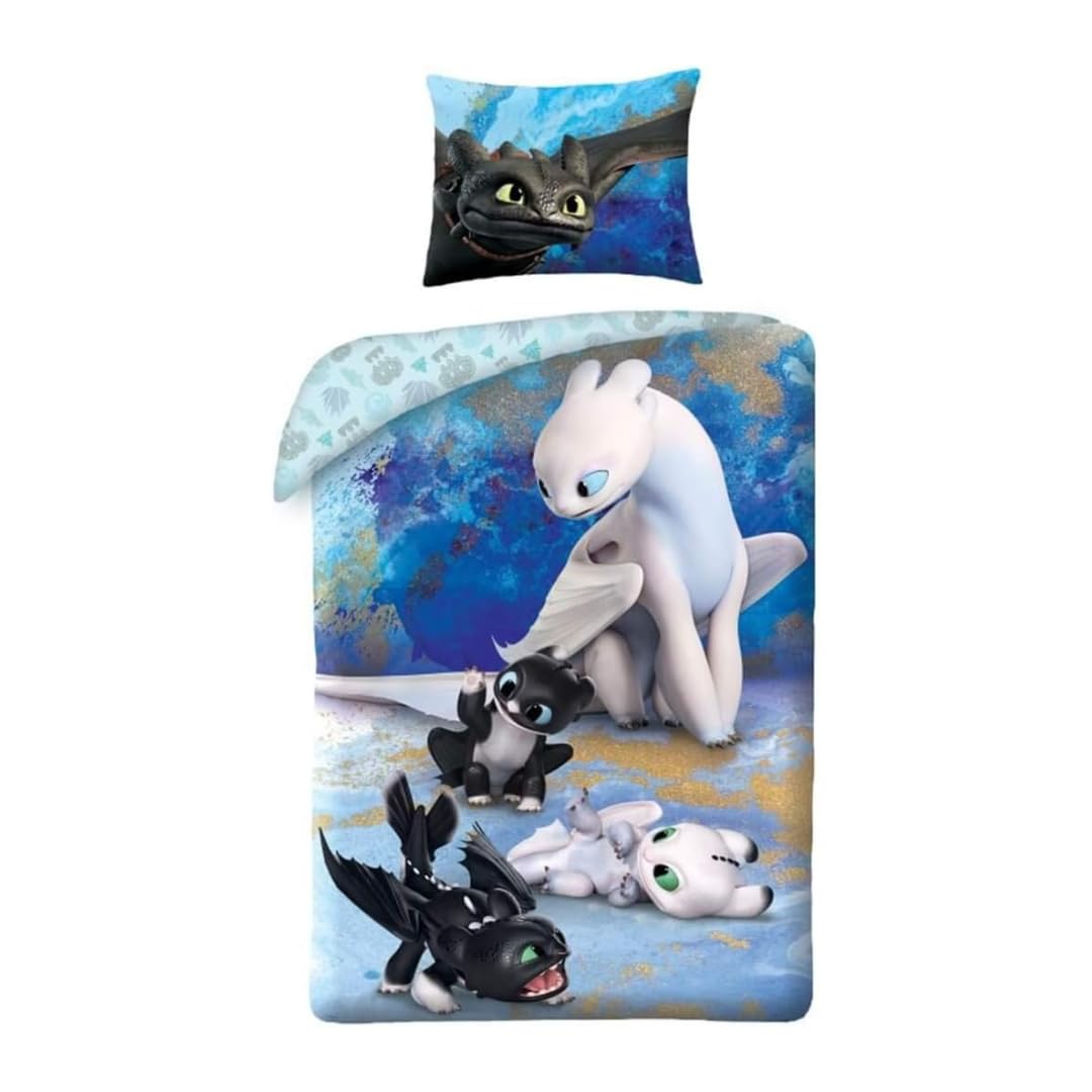 My sweety pop | Housse de Couette Dragon Dragon Puppies 140x200 cm | Parure de Lit Enfant 100% Coton | Taie d'oreiller Extra Large 70x90 cm | Linge de Lit Thème Monde Magique et Krokmou