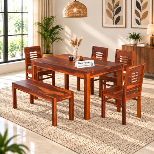 Wooden Dining Set 6 Seater Dining Table with 4 Chairs 1 Bench | S...
