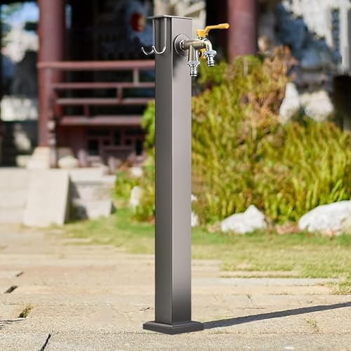 Grifo de jardín de acero inoxidable con columna de agua independiente para exteriores, fuente decorativa con dispensador de agua, grifo vertical cuadrado para riego/lavado (altura: 80 cm/31,