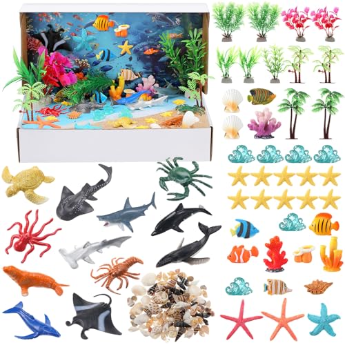 Teyva Daily 60 Pcs Ocean Diorama Kit Habitat Project Box Set 3D Ocean Diorama Supplies Include Under The Sea Animals Figures Artificial Coral Seagrass with Cardboard for DIY Crafts Gifts
