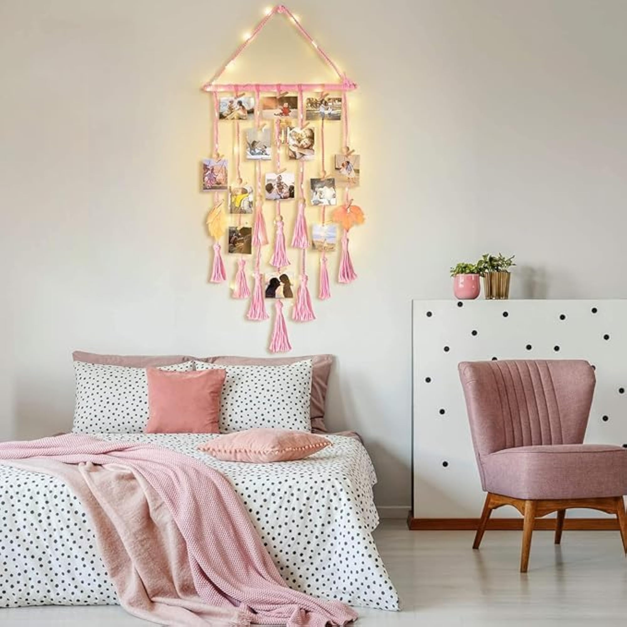 Boho Macrame Hanging Photo Display with Lights, 30 Clips