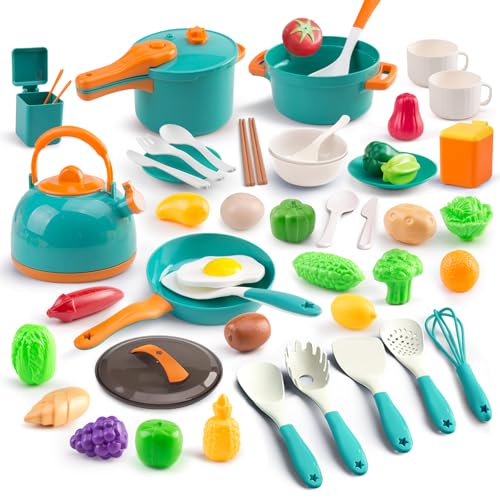 56Pcs Mini Play Kitchen Accessories for Kids, Pretend Cooking Playset with Cookware, Tableware & 2 Fruit Sets, Learning Gift for Girls, Boys, Toddlers, Green
